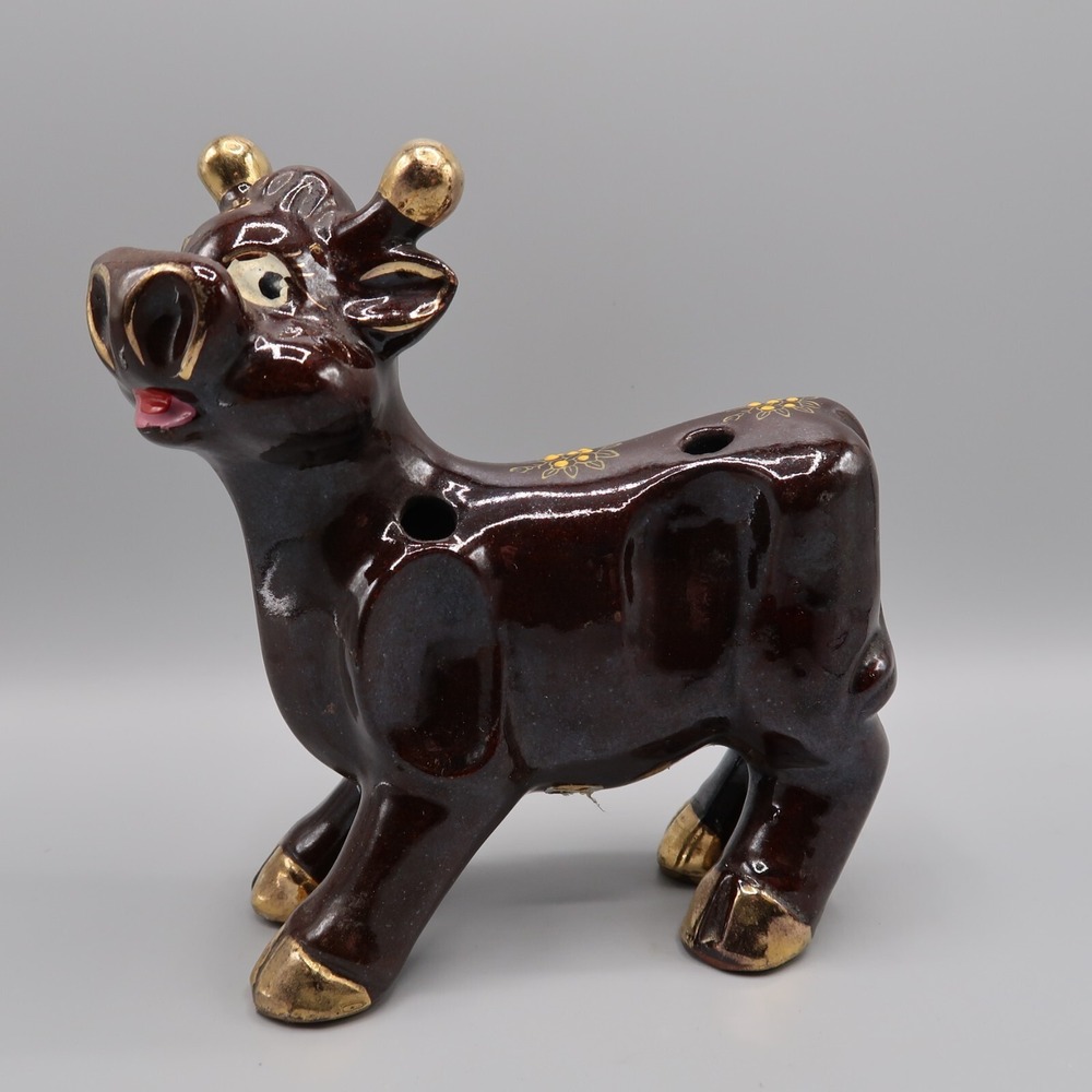 Vintage Ceramic Cow Plant Frog Planter Brown Bovine Animal Figure